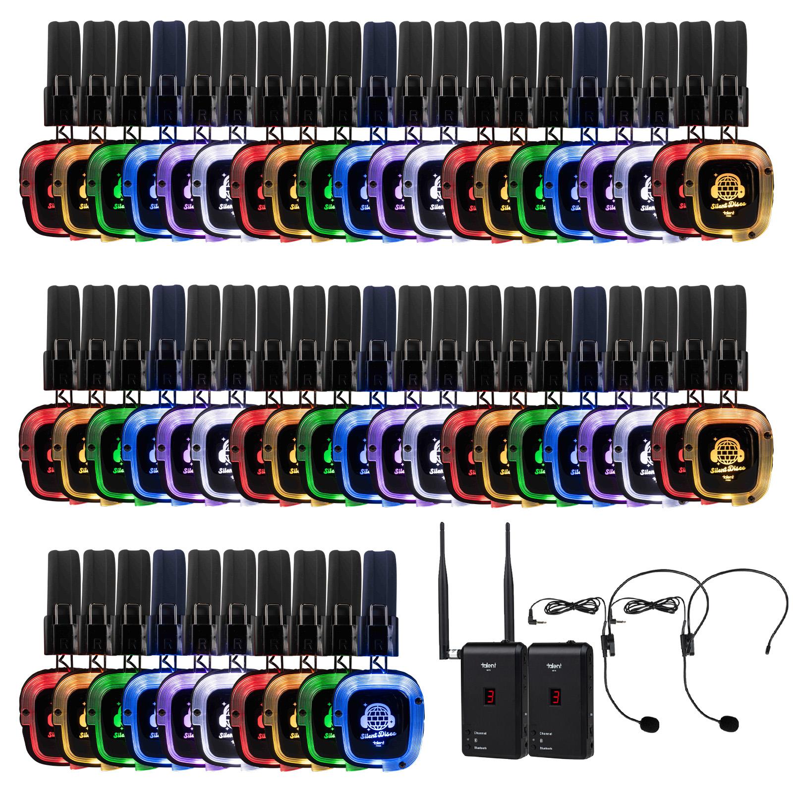 Talent Silent Disco Prism Color Changing Headphone 50 Pack with 2 Portable Transmitters